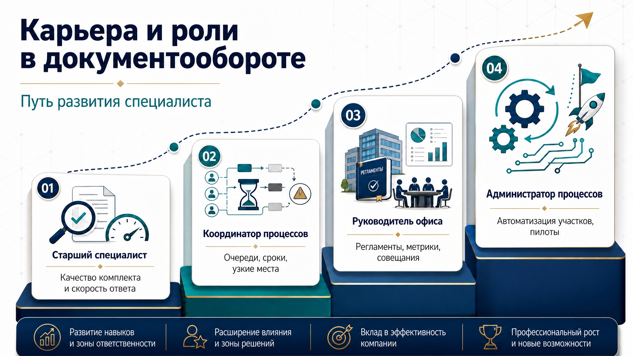 Карьеры и роли: старший специалист, координатор процессов, руководитель офиса, администратор